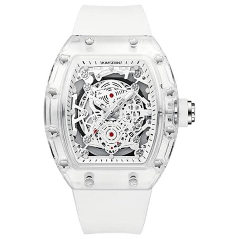 Hollowed Men Watches Tonneau Transparent Analog Display Silicone Strap